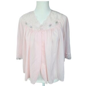 Shadowline Bedjacket Women L Pink NWT Vintage Lace Floral Embroidered Top